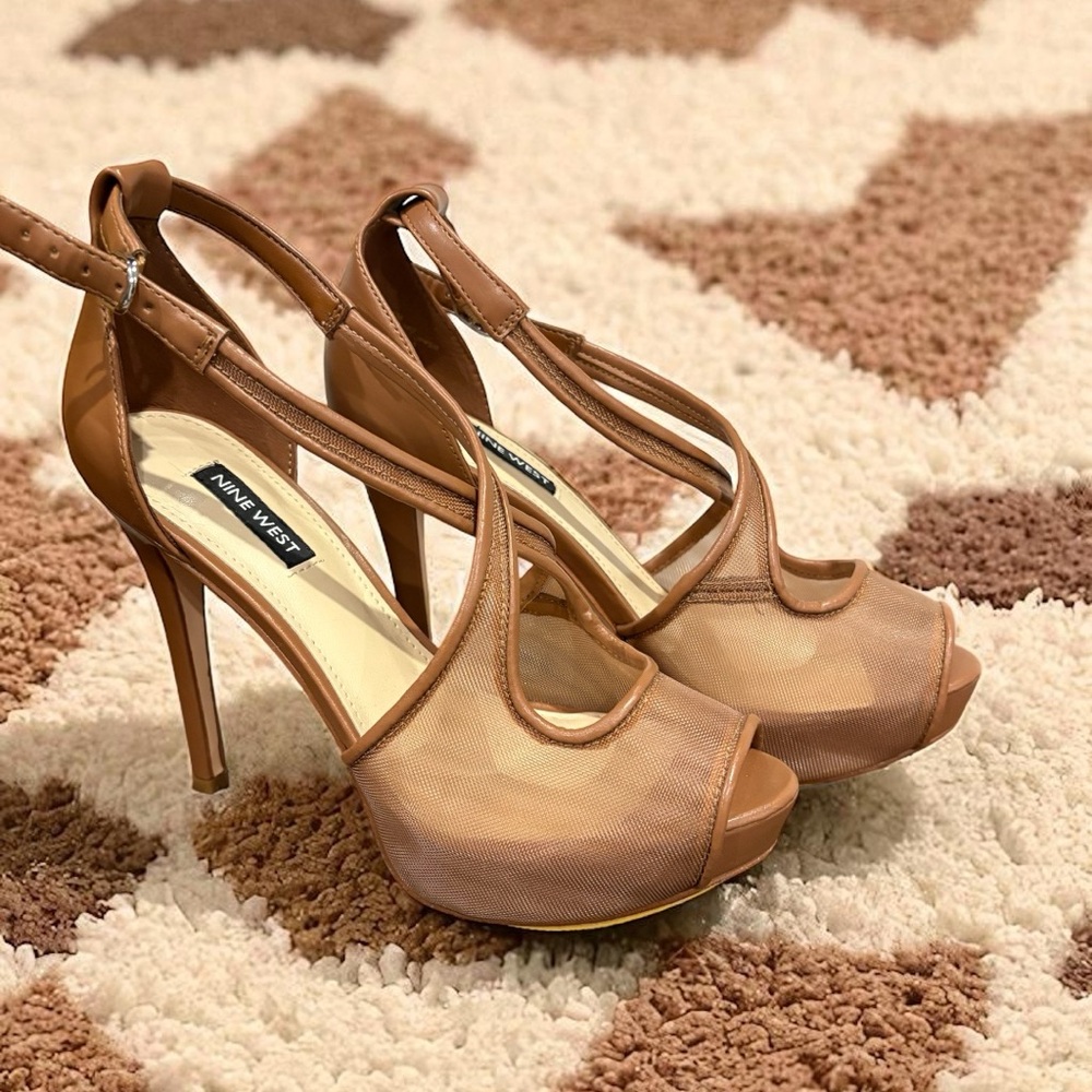 Nine West Tan Peep Toe Heels with Mesh